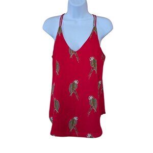 Parrot Print Red Tank Top V-Neck Spaghetti Straps babydoll chic birds work wear